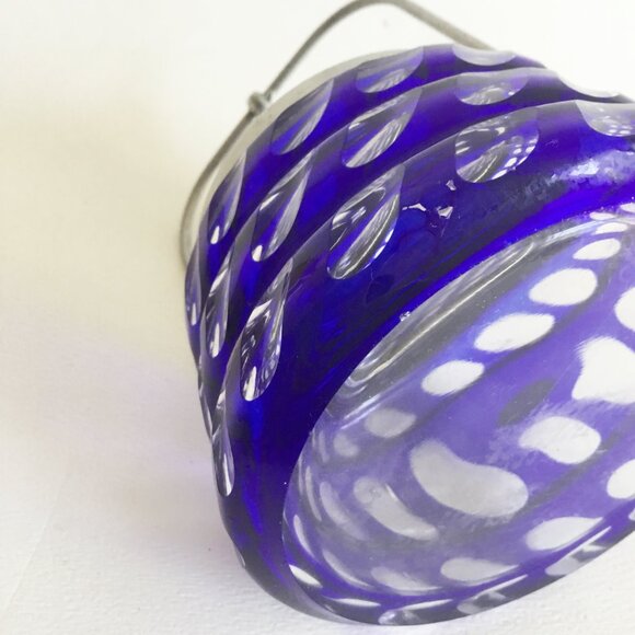 Cobalt Blue Cut to Clear Glass Flashed Geometric Pattern Hinged Marmalade Jar - Picture 8 of 12